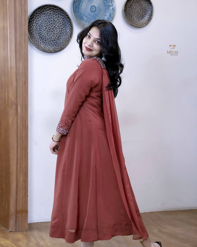 Georgette Two-Piece Set | Beaded Panel Top + Dupatta | Red Wine
