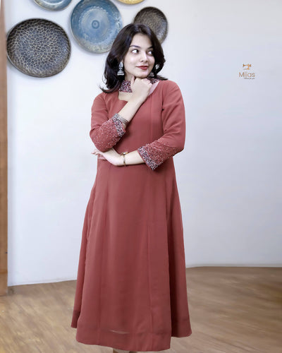 Georgette Two-Piece Set | Beaded Panel Top + Dupatta | Red Wine