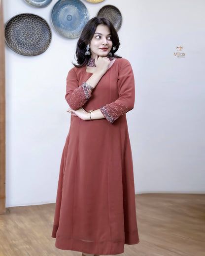 Georgette Two-Piece Set | Beaded Panel Top + Dupatta | Red Wine