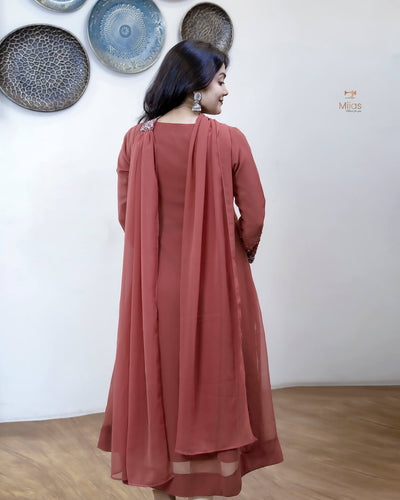 Georgette Two-Piece Set | Beaded Panel Top + Dupatta | Red Wine