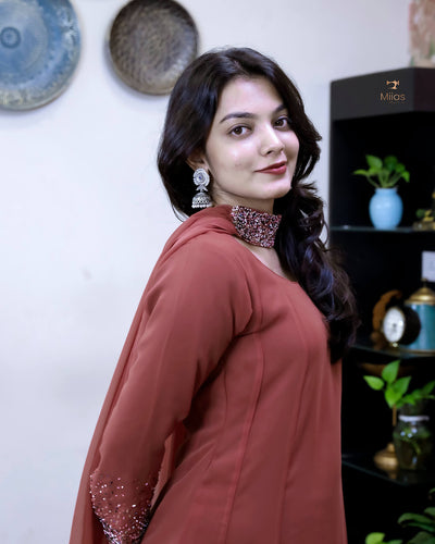Georgette Two-Piece Set | Beaded Panel Top + Dupatta | Red Wine