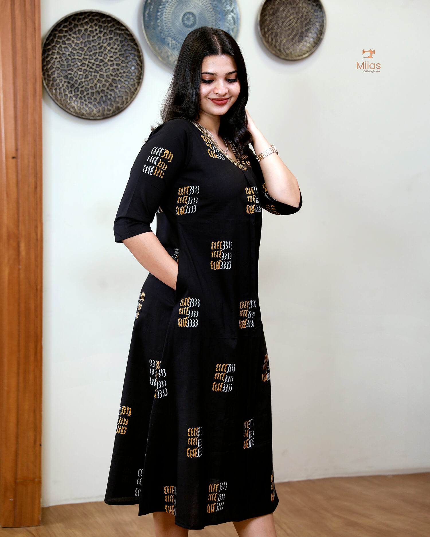 Cotton Kurti Dress:Black Hand Block Print-Yellow Print