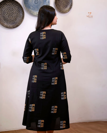 Cotton Kurti Dress:Black Hand Block Print-Yellow Print