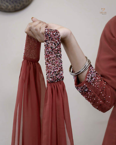 Georgette Two-Piece Set | Beaded Panel Top + Dupatta | Red Wine