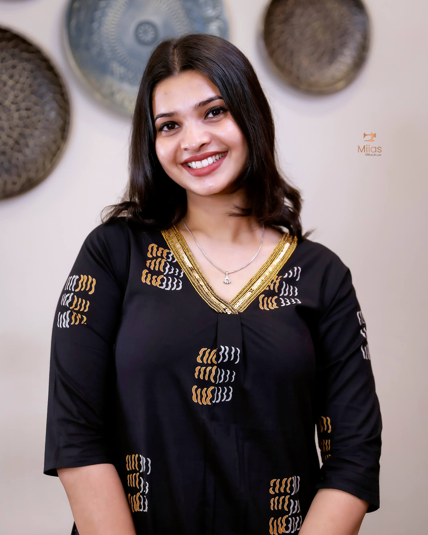 Cotton Kurti Dress:Black Hand Block Print-Yellow Print