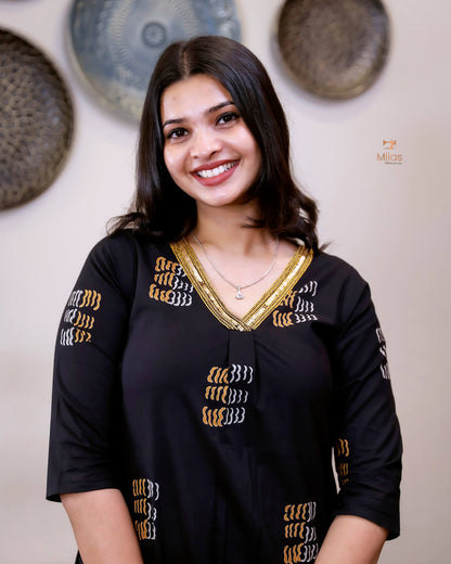 Cotton Kurti Dress:Black Hand Block Print-Yellow Print