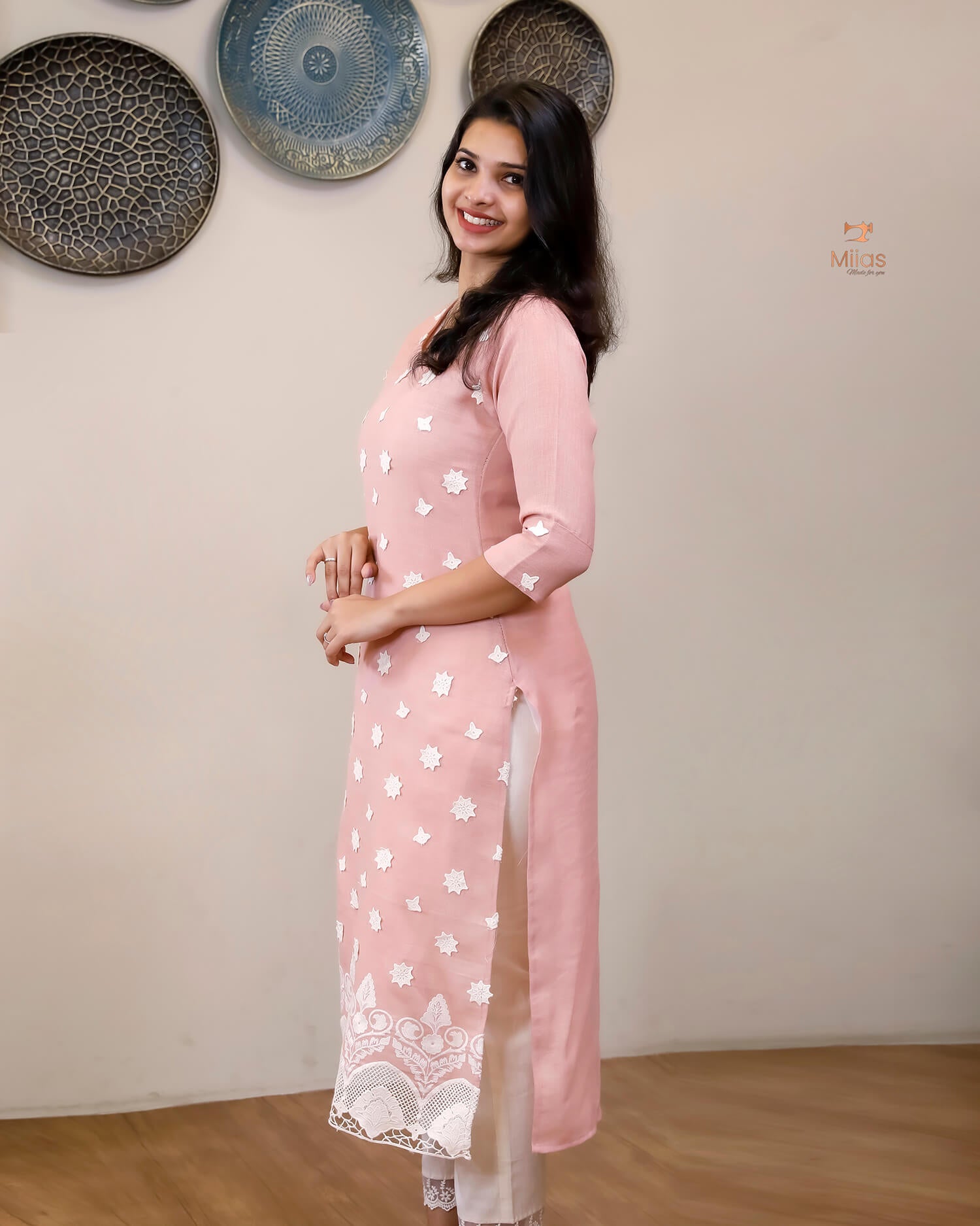 Linen-Cotton Crochet Top | Flex Cotton Bottom Set | Cut work | Pastel Peach