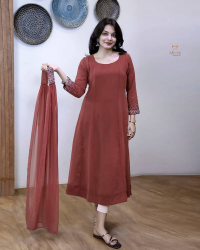 Georgette Two-Piece Set | Beaded Panel Top + Dupatta | Red Wine