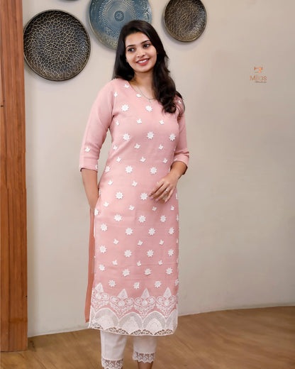 Linen-Cotton Crochet Top | Flex Cotton Bottom Set | Cut work | Pastel Peach