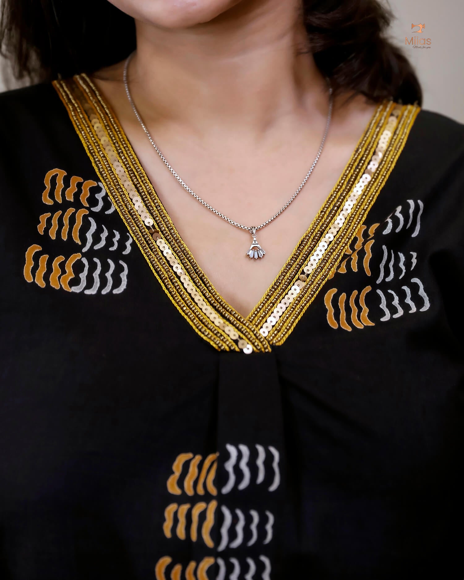 Cotton Kurti Dress:Black Hand Block Print-Yellow Print