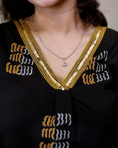 Cotton Kurti Dress:Black Hand Block Print-Yellow Print