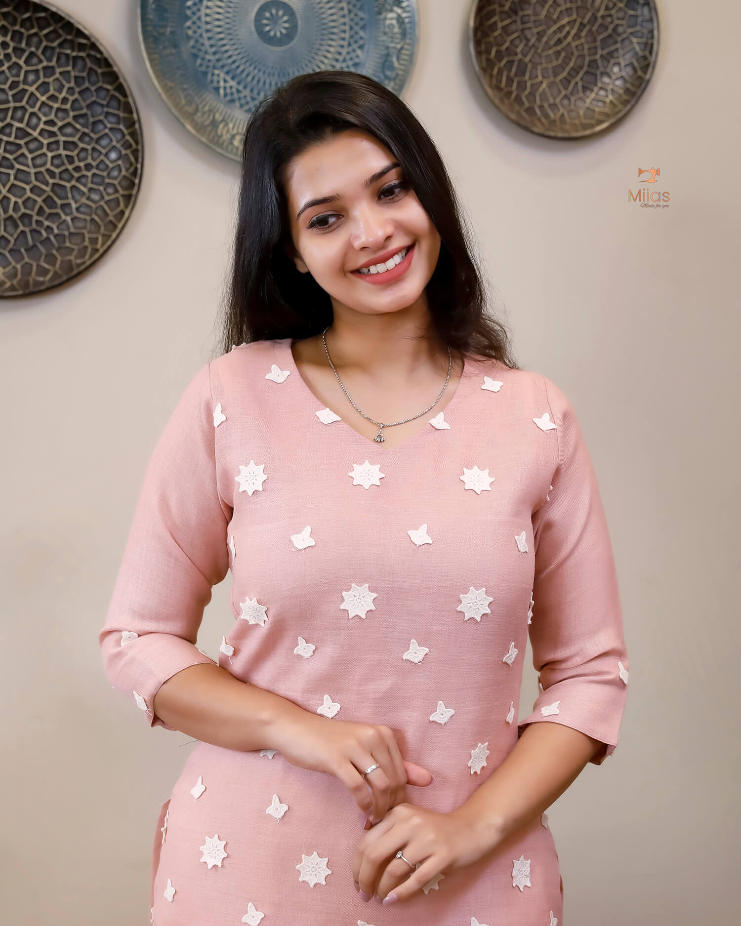 Linen-Cotton Crochet Top | Flex Cotton Bottom Set | Cut work | Pastel Peach