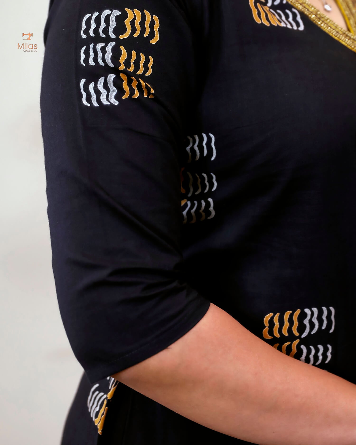 Cotton Kurti Dress:Black Hand Block Print-Yellow Print