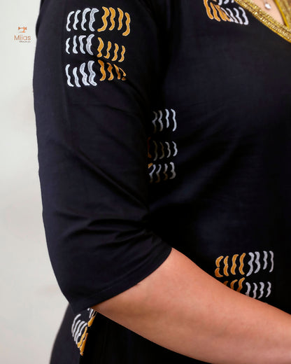 Cotton Kurti Dress:Black Hand Block Print-Yellow Print