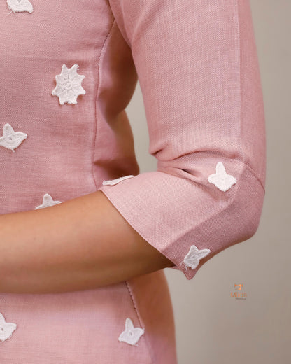 Linen-Cotton Crochet Top | Flex Cotton Bottom Set | Cut work | Pastel Peach