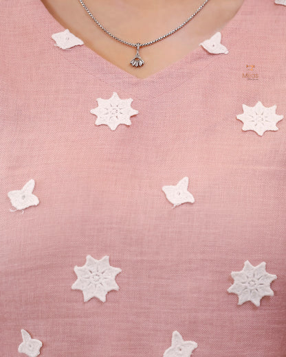 Linen-Cotton Crochet Top | Flex Cotton Bottom Set | Cut work | Pastel Peach