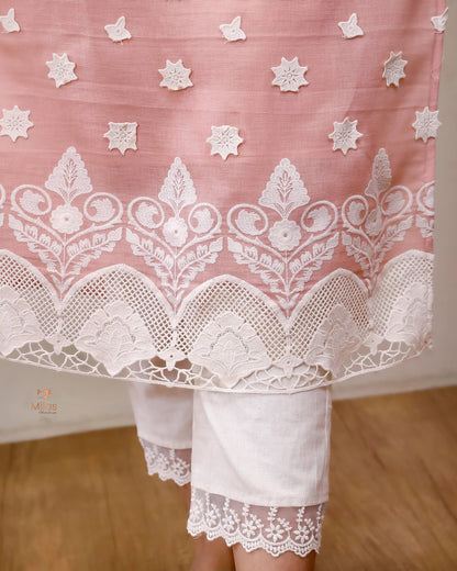 Linen-Cotton Crochet Top | Flex Cotton Bottom Set | Cut work | Pastel Peach