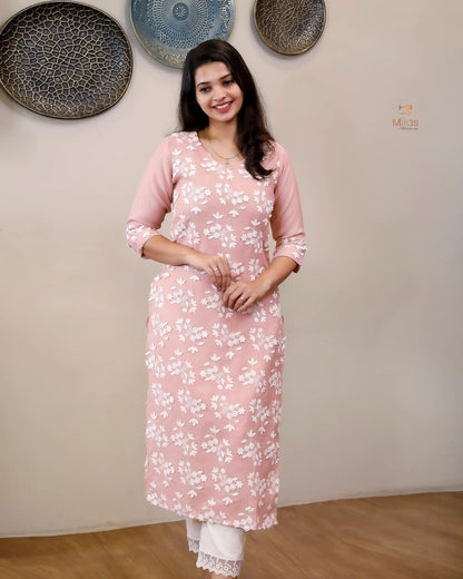 Linen-Cotton Crochet Top | Flex Cotton Bottom Set | Pastel Peach