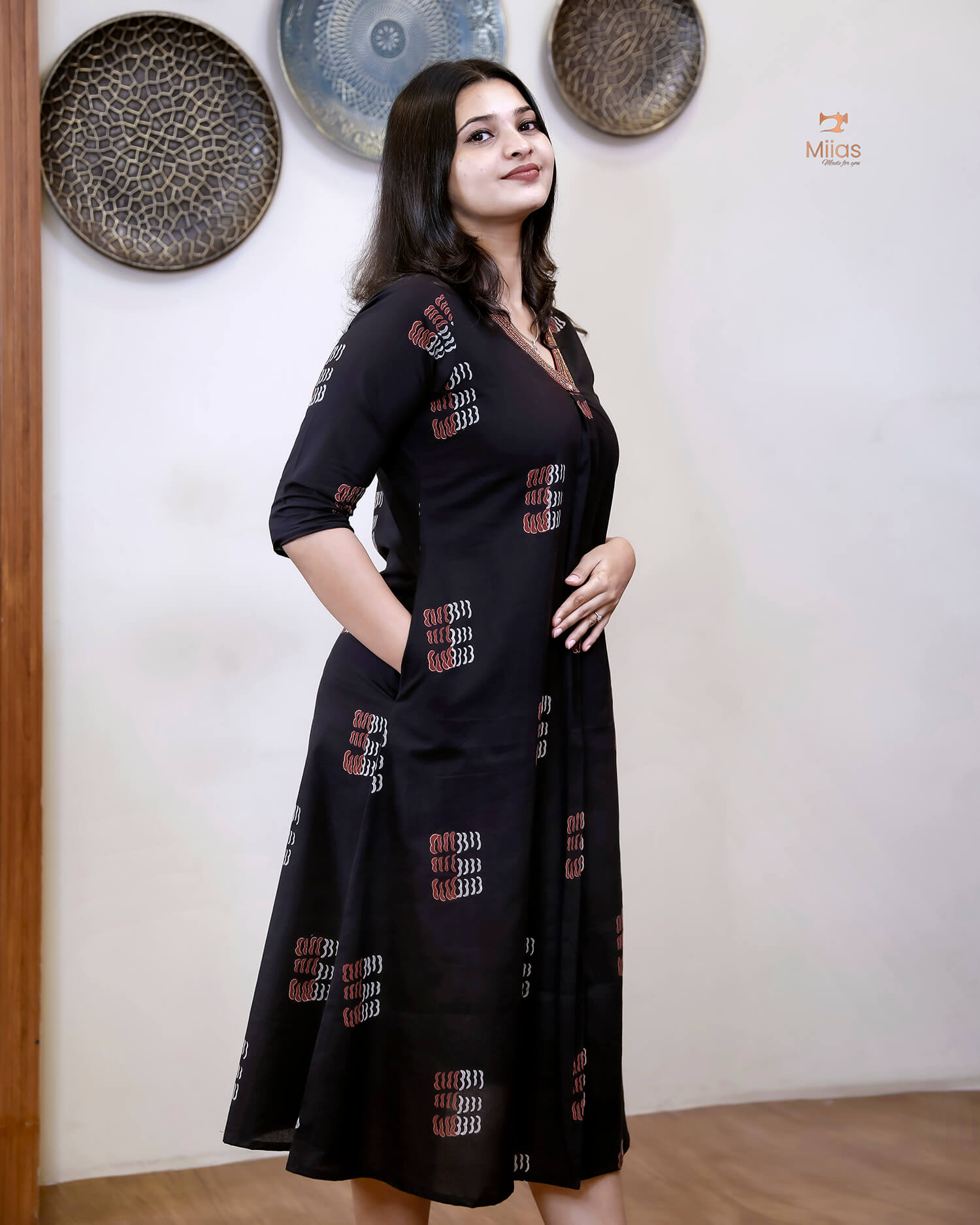 Cotton Kurti Dress:Black Hand Block Print-Red Print
