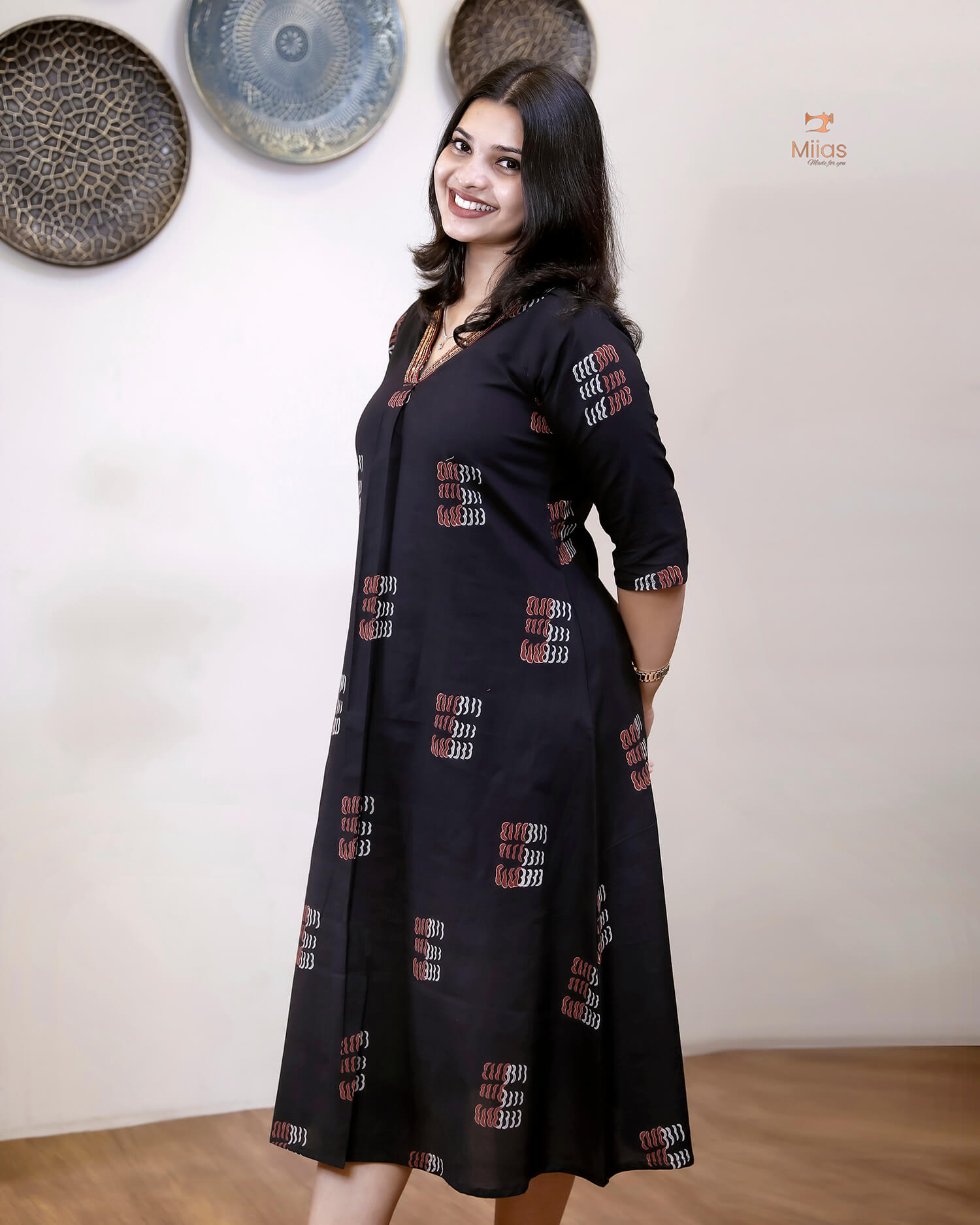 Cotton Kurti Dress:Black Hand Block Print-Red Print