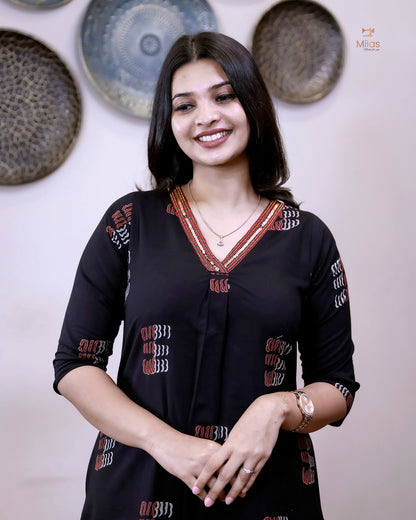 Cotton Kurti Dress:Black Hand Block Print-Red Print