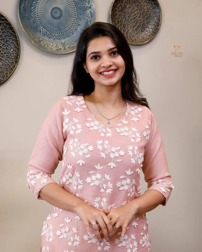 Linen-Cotton Crochet Top | Flex Cotton Bottom Set | Pastel Peach