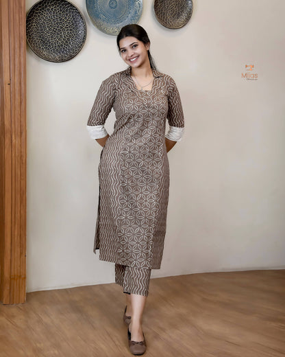Cotton Co-ord Set: Modern Asymmetrical Design & Artisanal Style-Walnut Brown.
