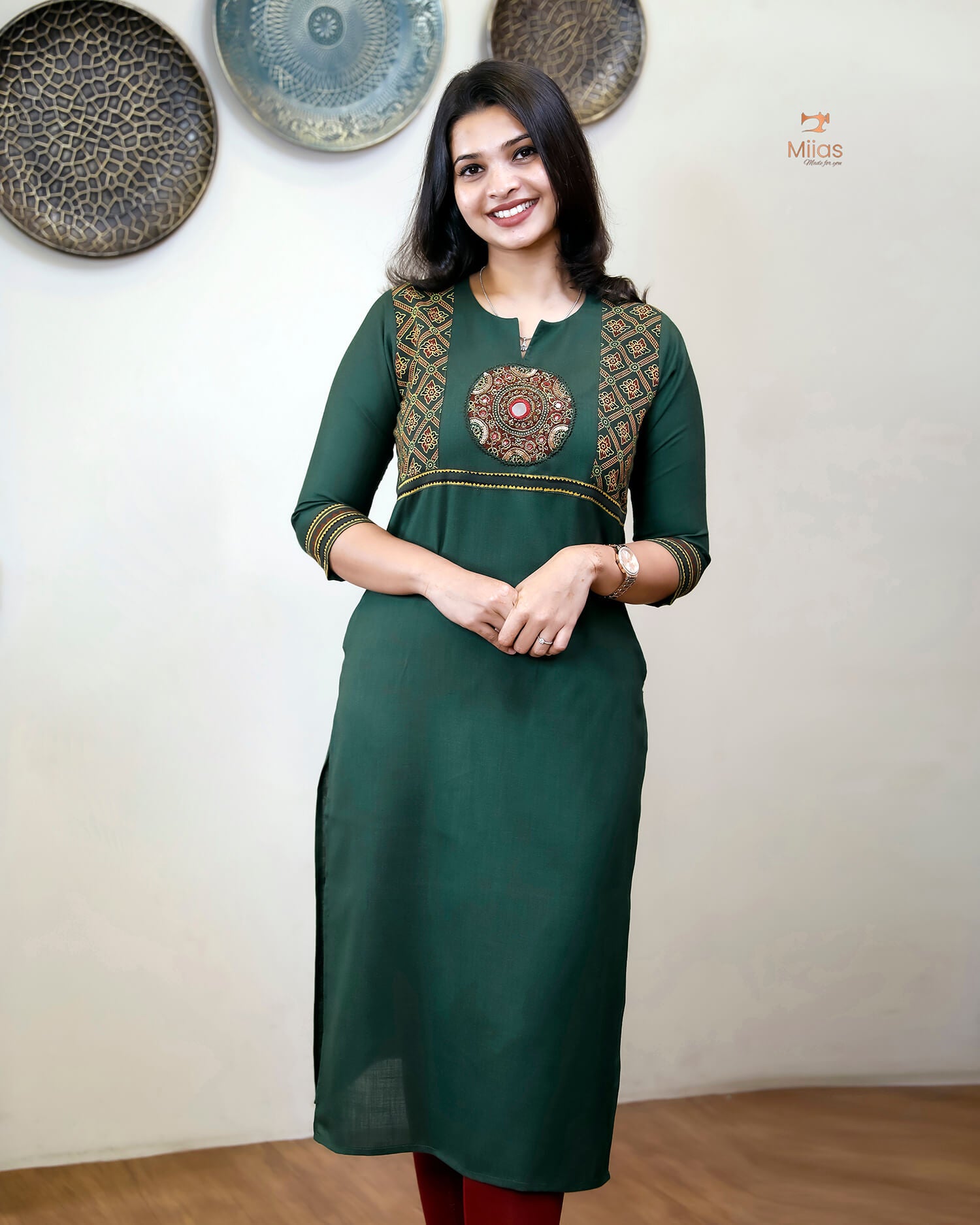 Cotton Kurti: Hand-Embellished Ajrakh & Mirror Work-Bottle Green