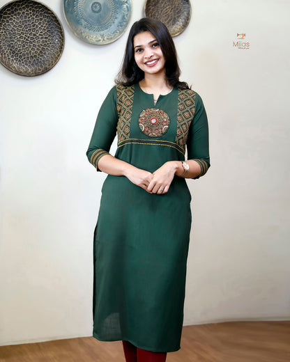 Cotton Kurti: Hand-Embellished Ajrakh & Mirror Work-Bottle Green