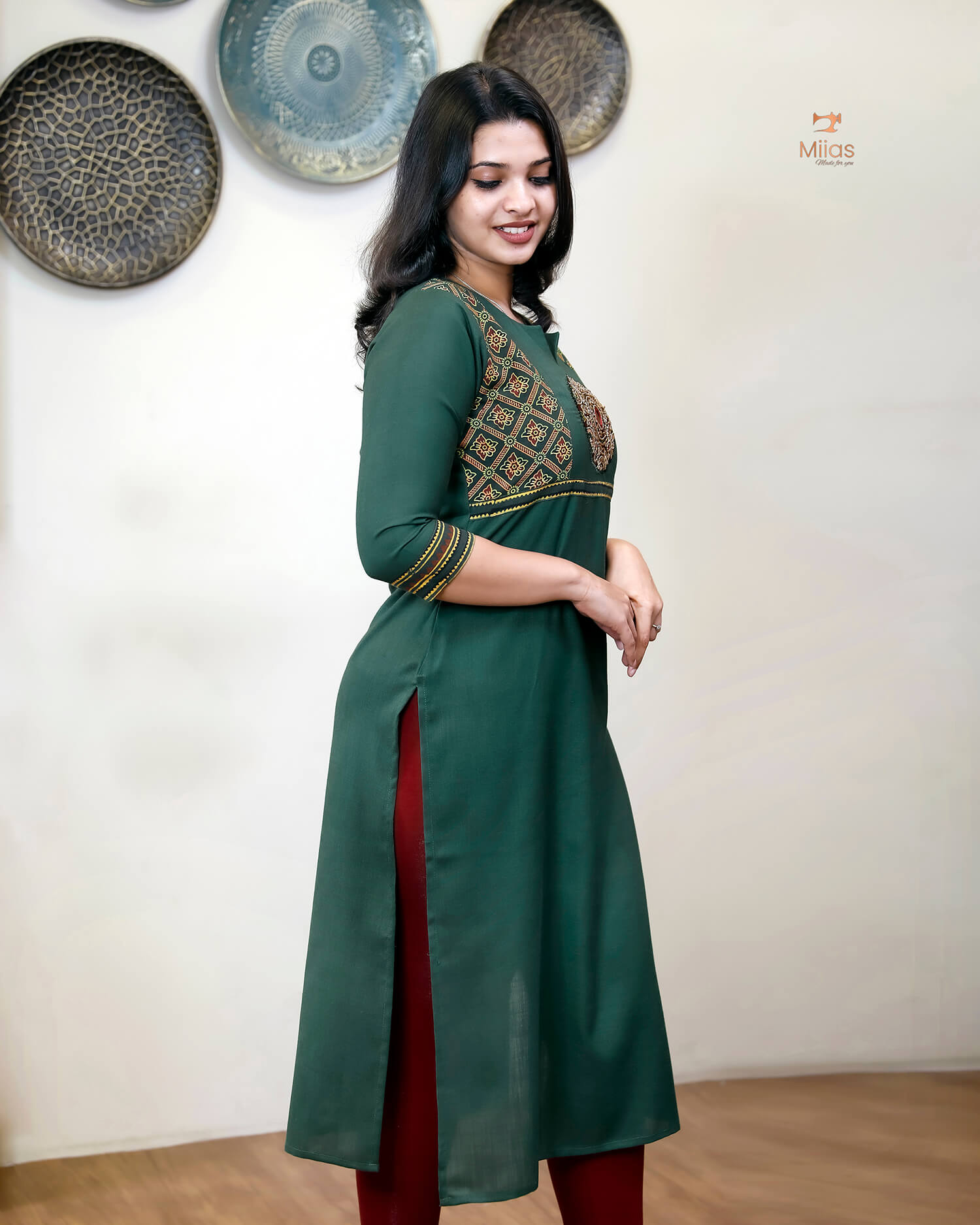 Cotton Kurti: Hand-Embellished Ajrakh & Mirror Work-Bottle Green