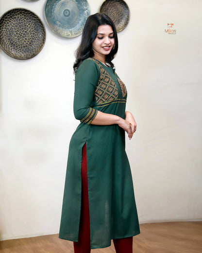 Cotton Kurti: Hand-Embellished Ajrakh & Mirror Work-Bottle Green