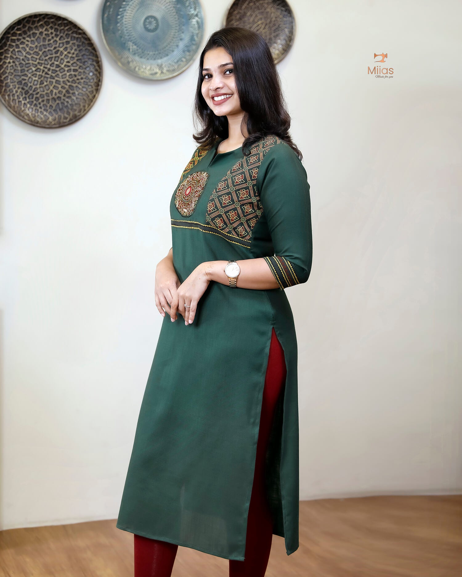 Cotton Kurti: Hand-Embellished Ajrakh & Mirror Work-Bottle Green