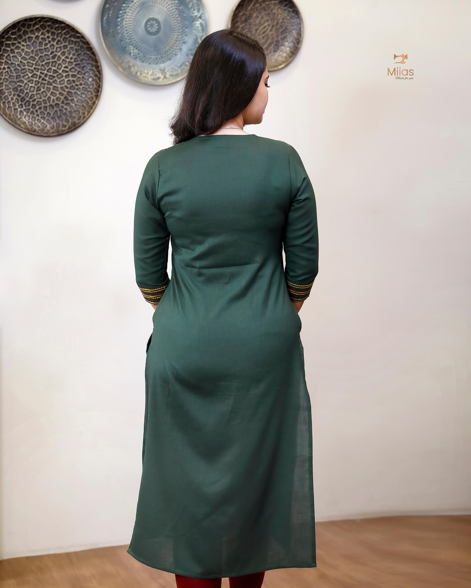 Cotton Kurti: Hand-Embellished Ajrakh & Mirror Work-Bottle Green