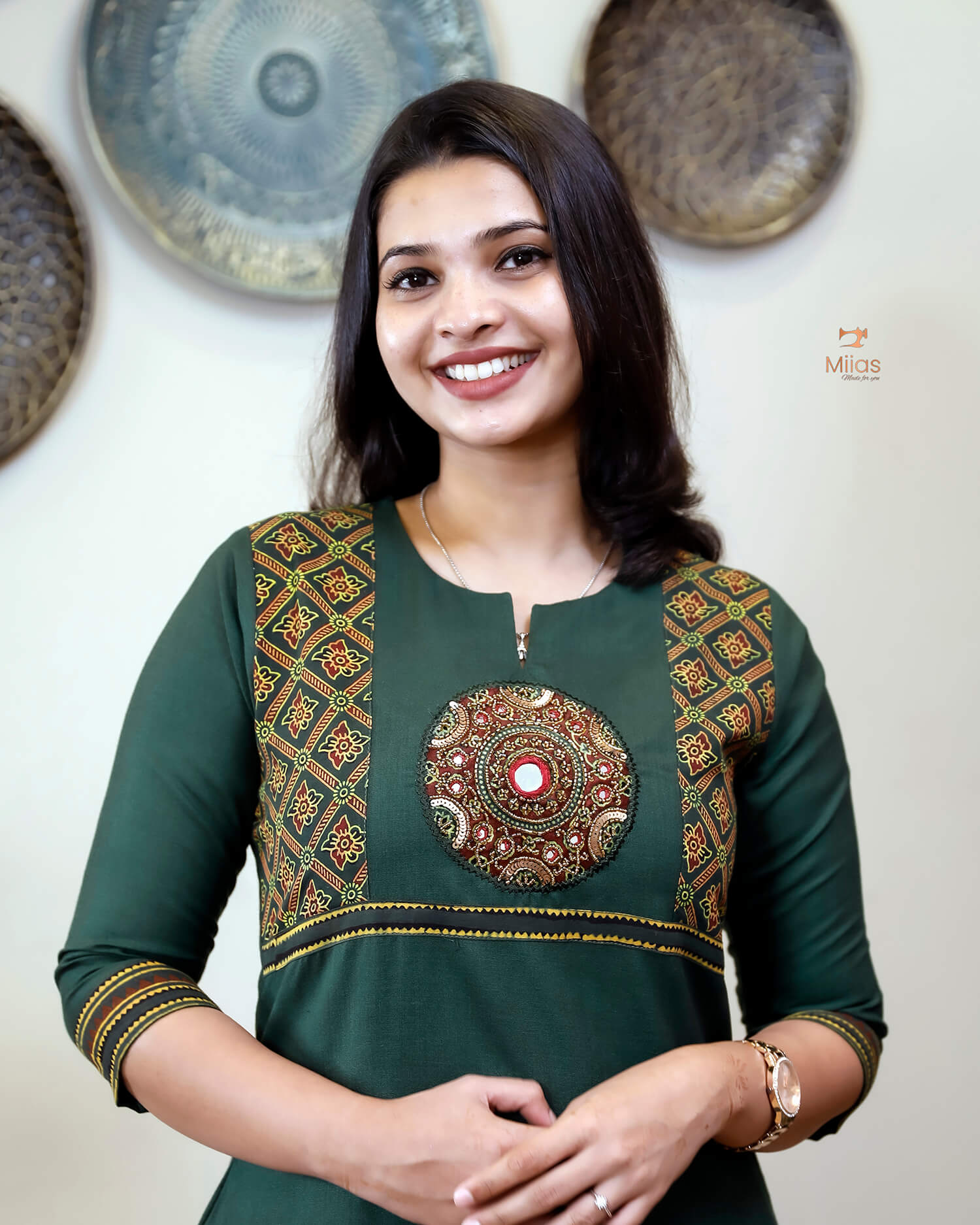 Cotton Kurti: Hand-Embellished Ajrakh & Mirror Work-Bottle Green