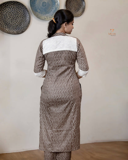 Cotton Co-ord Set: Modern Asymmetrical Design & Artisanal Style-Walnut Brown.