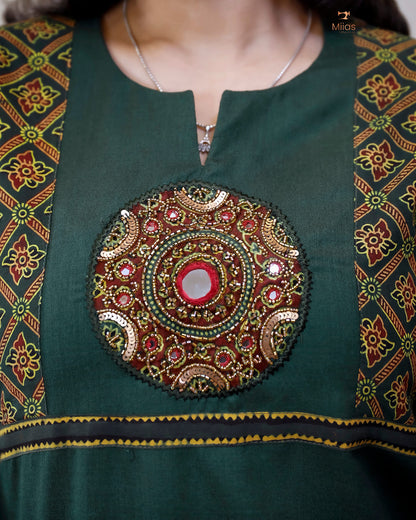 Cotton Kurti: Hand-Embellished Ajrakh & Mirror Work-Bottle Green