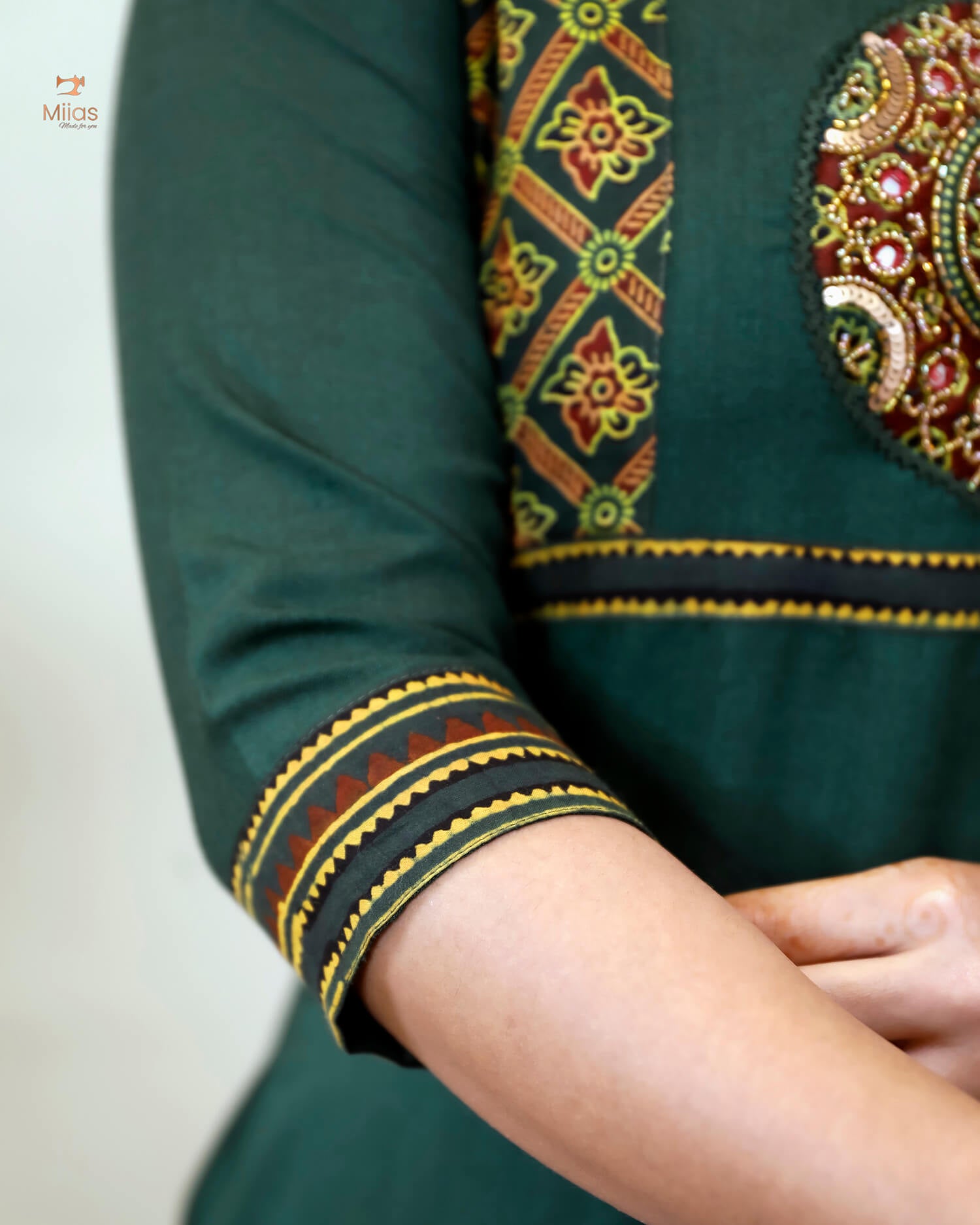 Cotton Kurti: Hand-Embellished Ajrakh & Mirror Work-Bottle Green