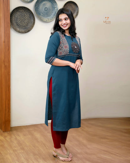 Cotton Kurti: Hand-Embellished Ajrakh & Mirror Work-Navy Blue