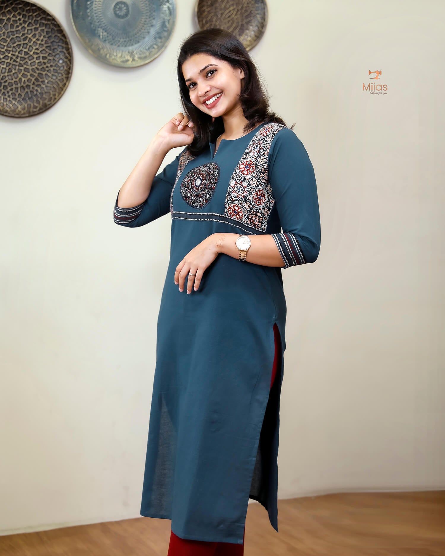 Cotton Kurti: Hand-Embellished Ajrakh & Mirror Work-Navy Blue