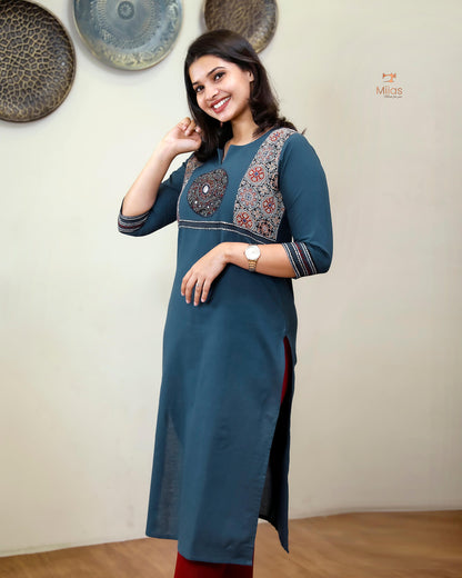 Cotton Kurti: Hand-Embellished Ajrakh & Mirror Work-Navy Blue