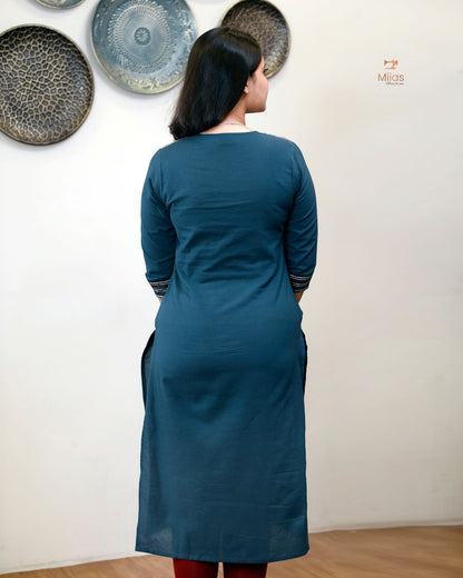 Cotton Kurti: Hand-Embellished Ajrakh & Mirror Work-Navy Blue