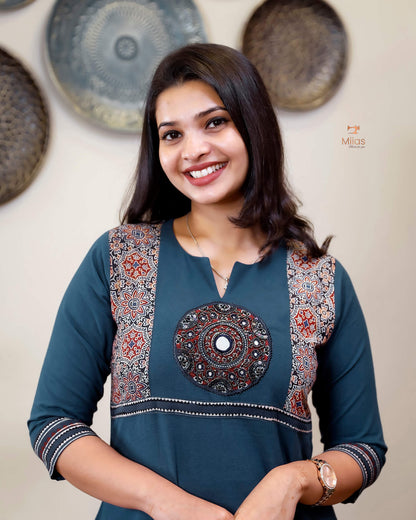 Cotton Kurti: Hand-Embellished Ajrakh & Mirror Work-Navy Blue