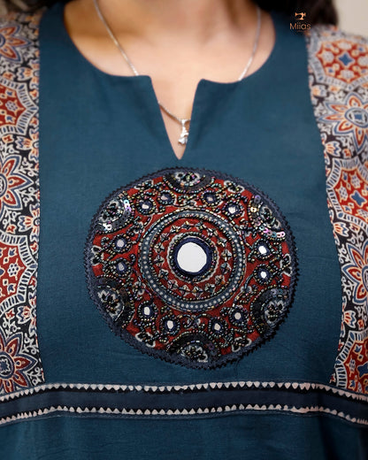 Cotton Kurti: Hand-Embellished Ajrakh & Mirror Work-Navy Blue