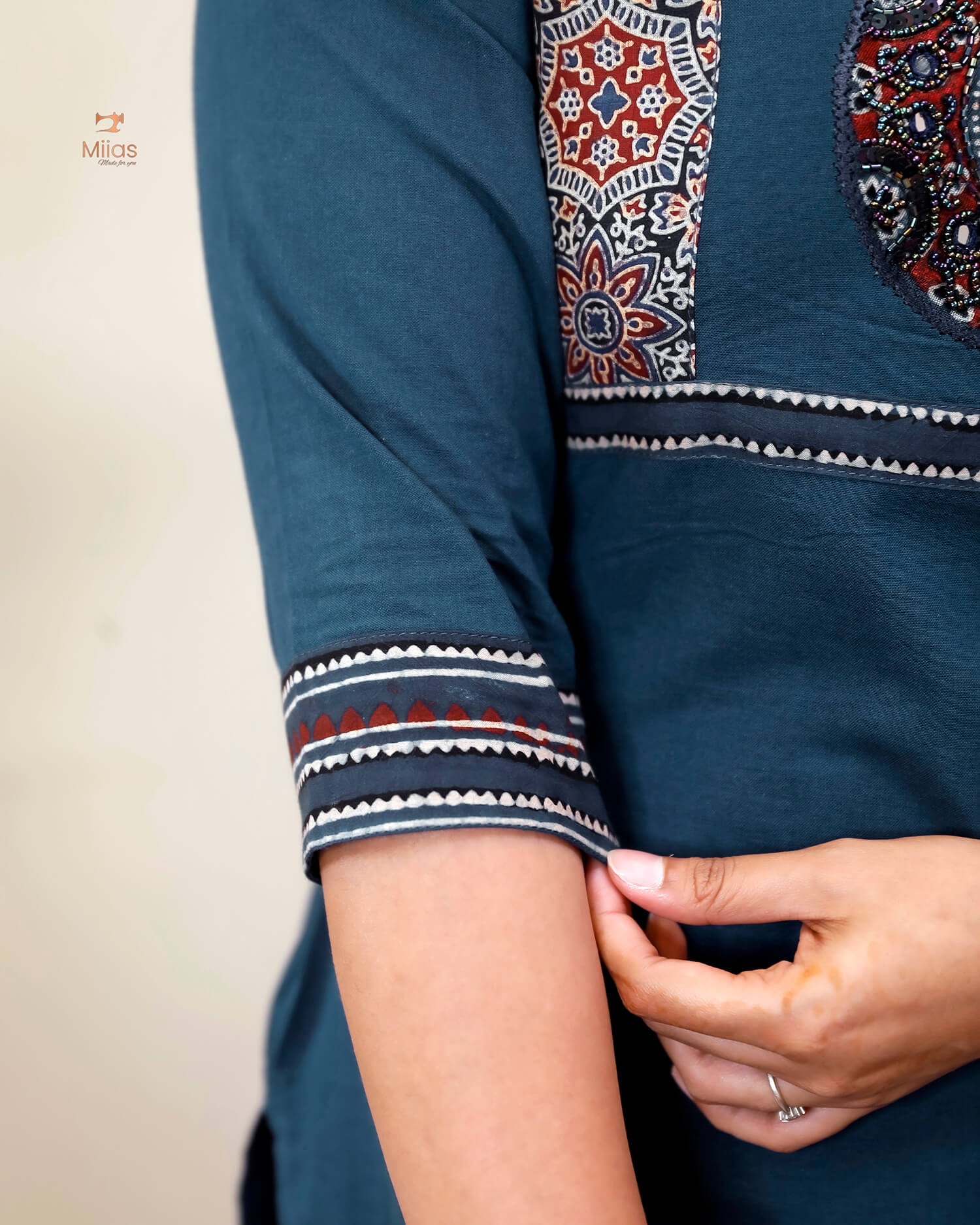 Cotton Kurti: Hand-Embellished Ajrakh & Mirror Work-Navy Blue