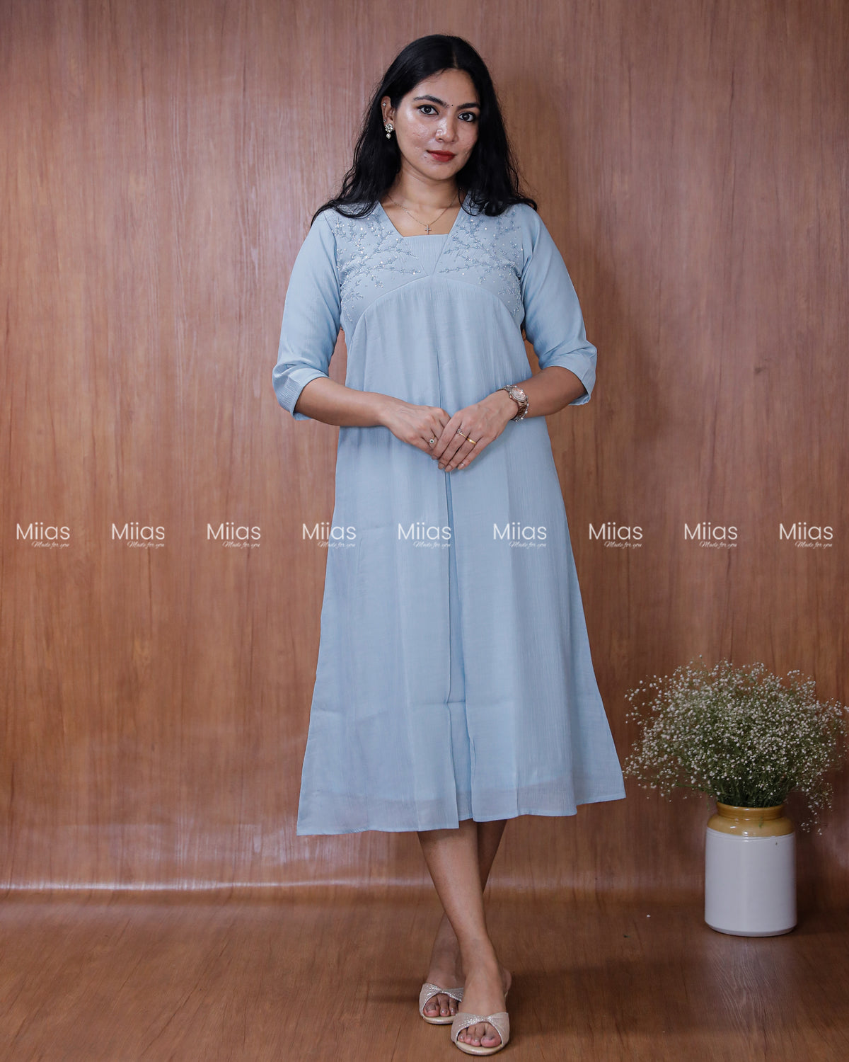 Dhara Silk Dress Kurti | Beaded Sequin Yoke + Box Pleats | Powder Blue