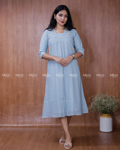 Dhara Silk Dress Kurti | Beaded Sequin Yoke + Box Pleats | Powder Blue