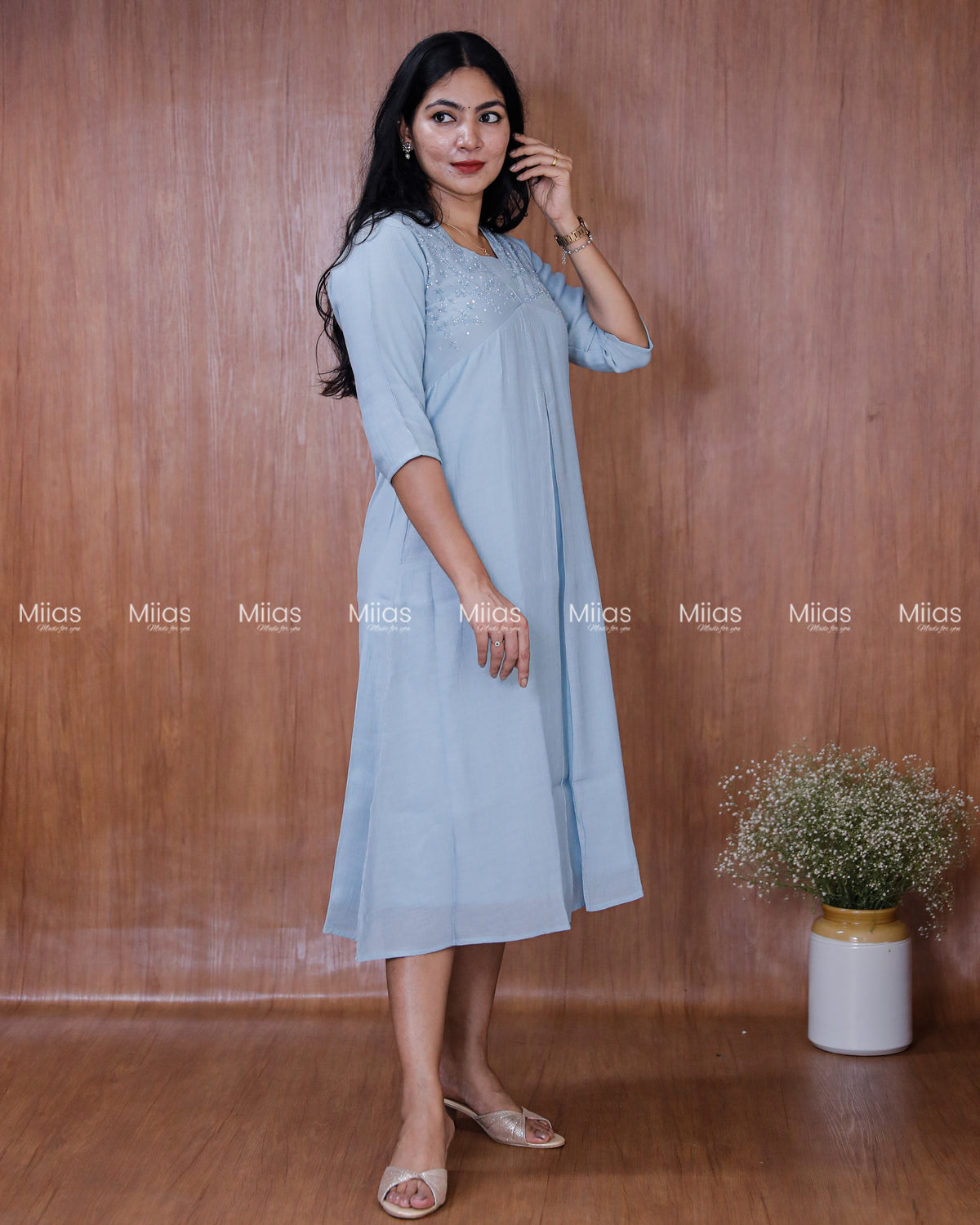 Dhara Silk Dress Kurti | Beaded Sequin Yoke + Box Pleats | Powder Blue