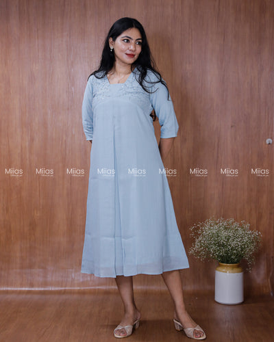 Dhara Silk Dress Kurti | Beaded Sequin Yoke + Box Pleats | Powder Blue
