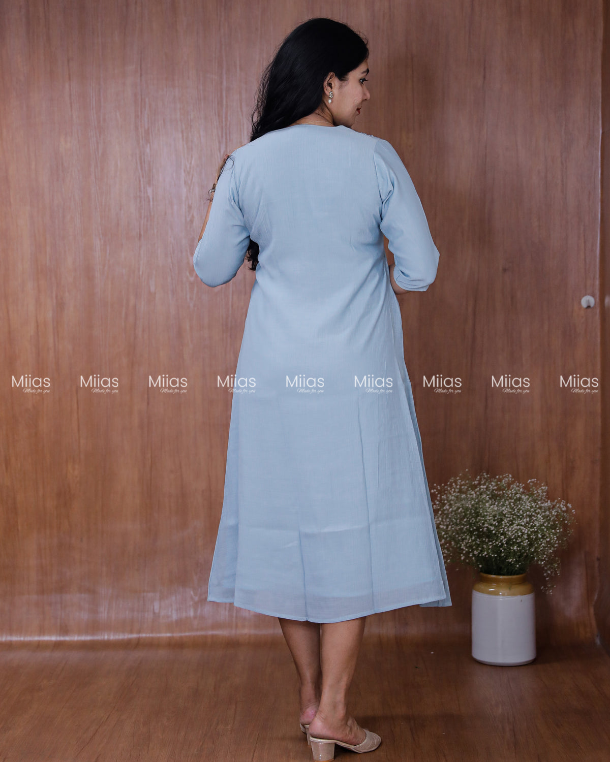 Dhara Silk Dress Kurti | Beaded Sequin Yoke + Box Pleats | Powder Blue
