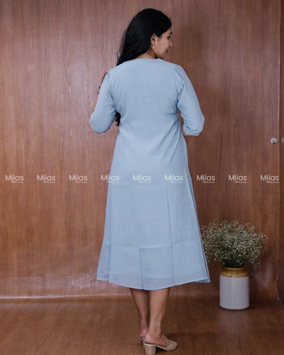 Dhara Silk Dress Kurti | Beaded Sequin Yoke + Box Pleats | Powder Blue